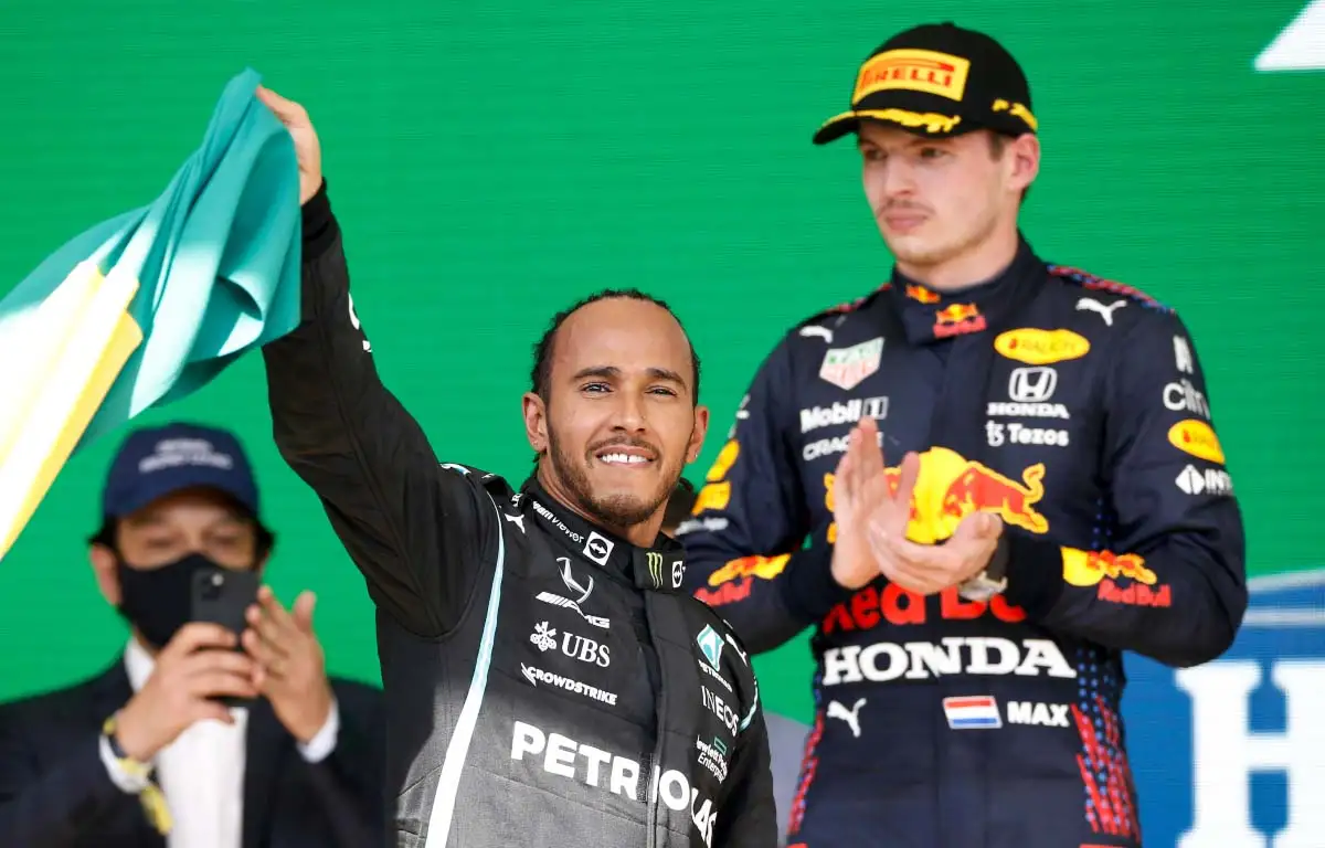 Mercedes driver Lewis Hamilton and Red Bull driver Max Verstappen on the podium. Sao Paulo November 2021.