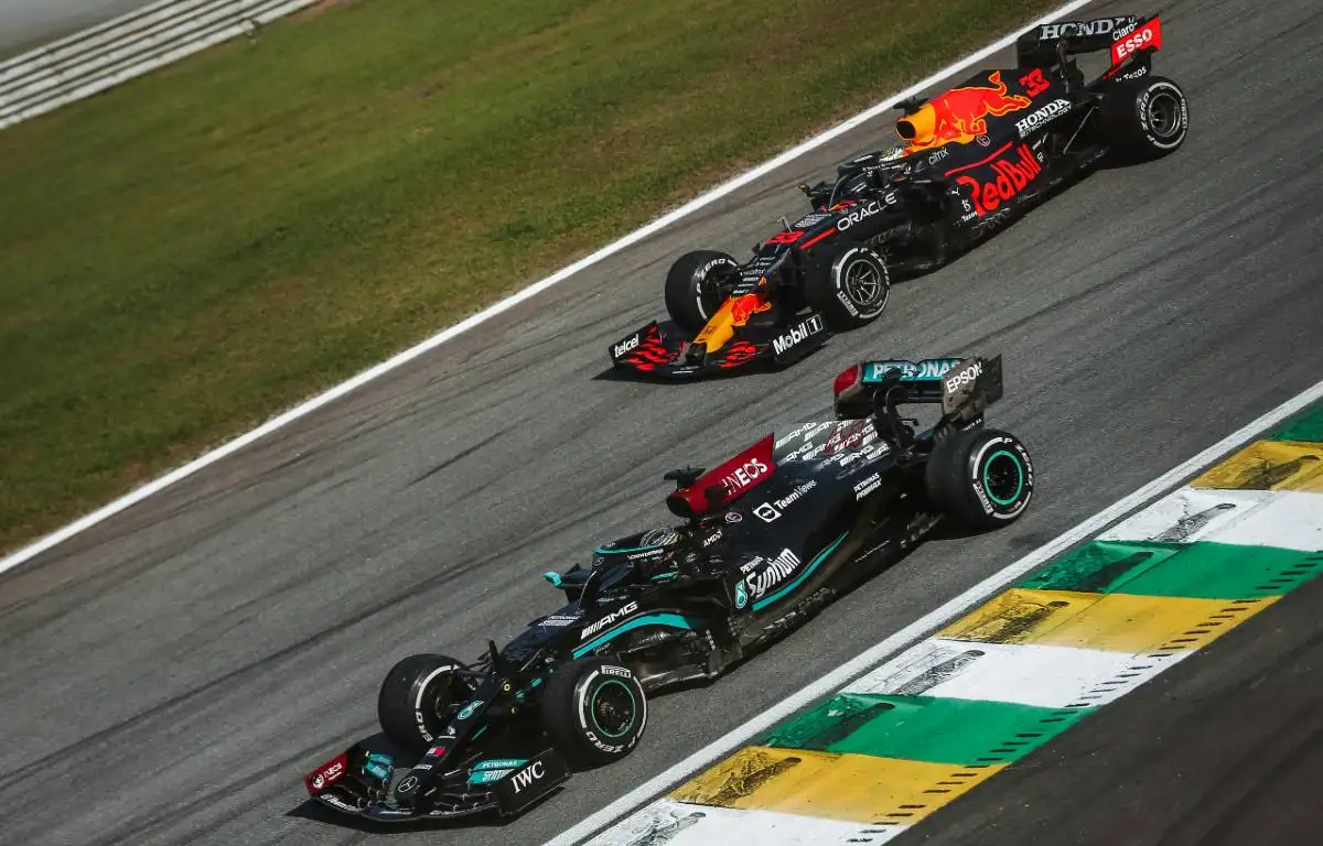 Lewis Hamilton just ahead of Max Verstappen during the Sao Paulo GP. Interlagos November 2021.