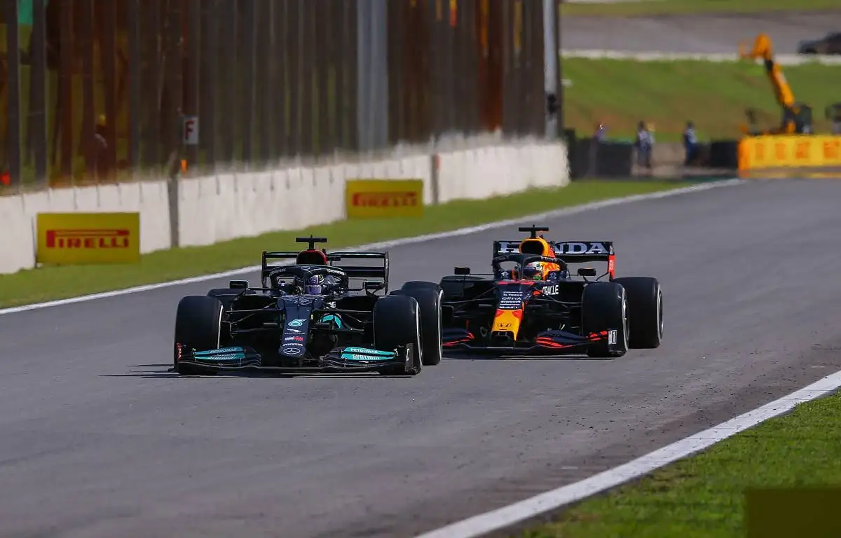 Lewis Hamilton just ahead of Max Verstappen during the Sao Paulo GP. Interlagos November 2021.