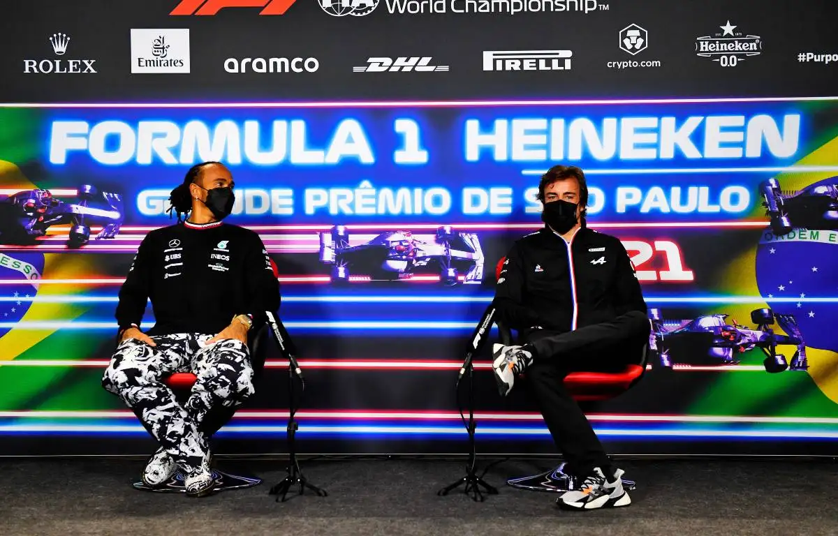 Lewis Hamilton and Fernando Alonso at a press conference. Interlagos November 2021.