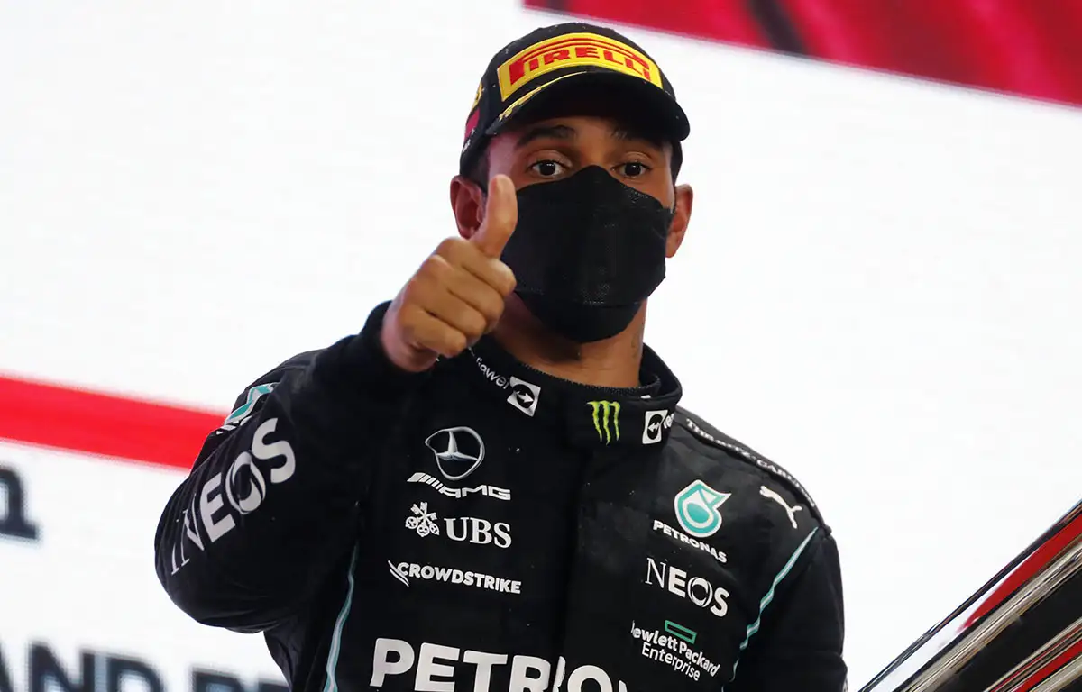 Lewis Hamilton celebrates Qatar Grand Prix win. Qatar November 2021