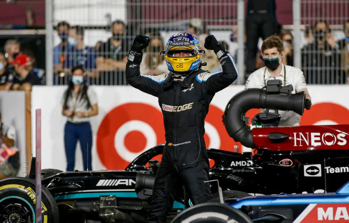 Fernando Alonso arms raised in celebration. Qatar November 2021
