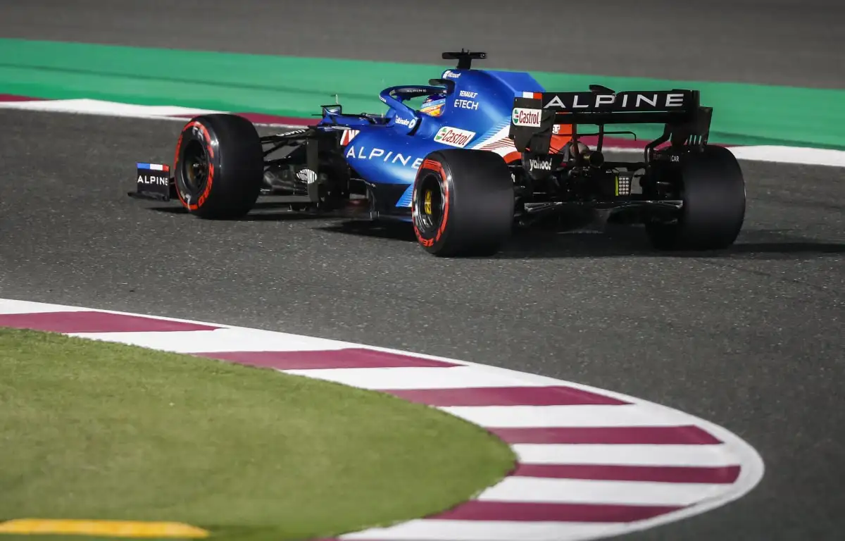 Fernando Alonso races around Losail. Qatar November 2021.