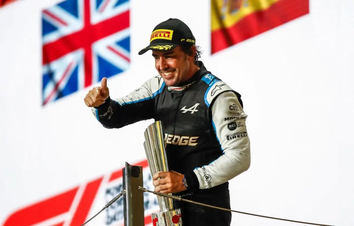 Fernando Alonso, Alpine, celebrates P3 in Qatar. November 2021.