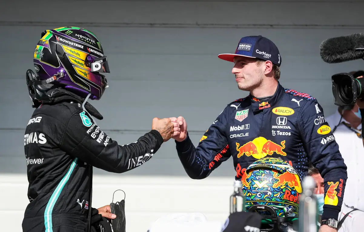 Lewis Hamilton and Max Verstappen fist bump. Brazil November 2021
