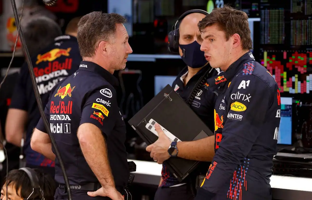 Christian Horner talking to Max Verstappen at the Qatar GP. Lusail November 2021.