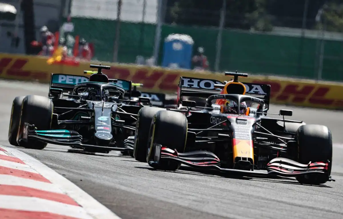Red Bull driver Max Verstappen leads Lewis Hamilton.