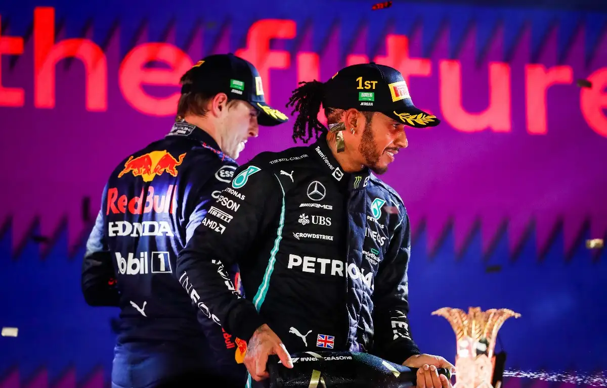 Lewis Hamilton and Max Verstappen on the podium. Saudi Arabia, December 2021.