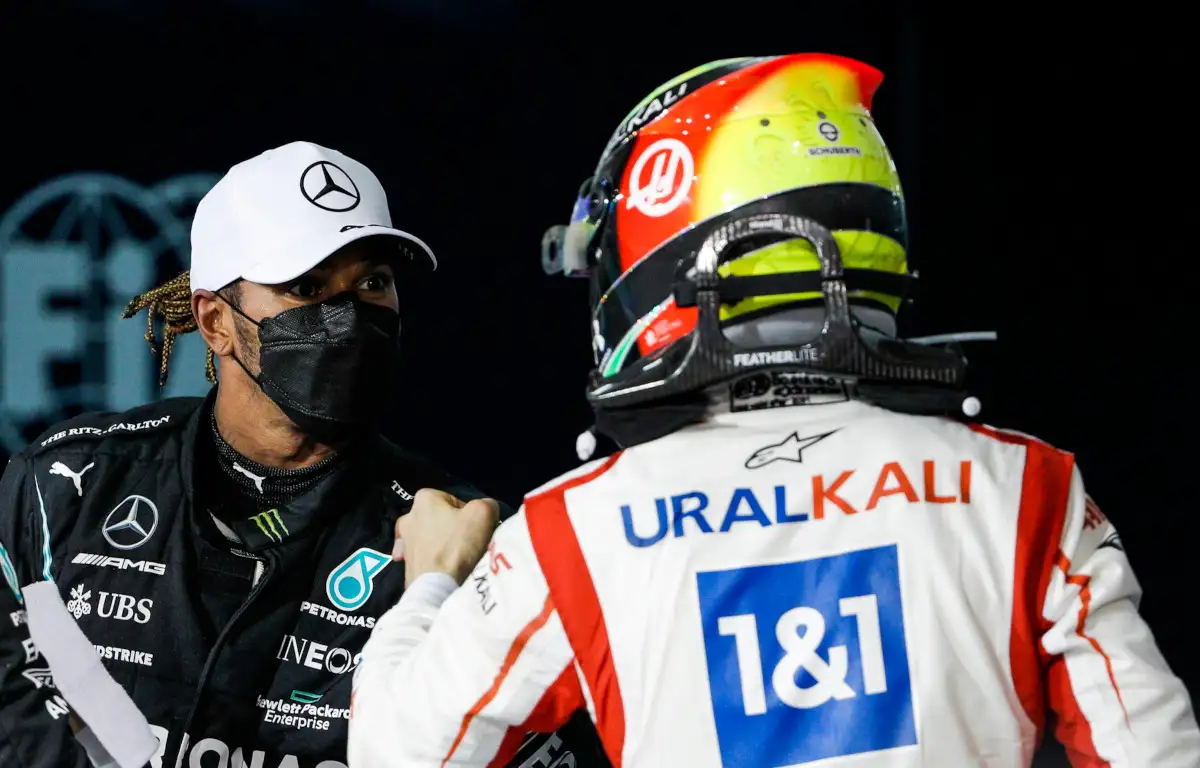 Lewis Hamilton and Mick Schumacher fist bump. Bahrain March 2021