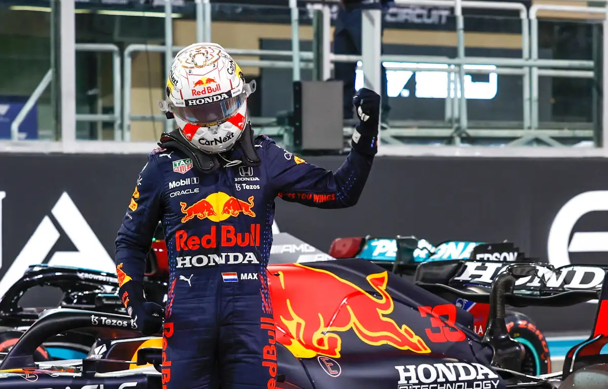 Max Verstappen celebrates. Abu Dhabi December 2021