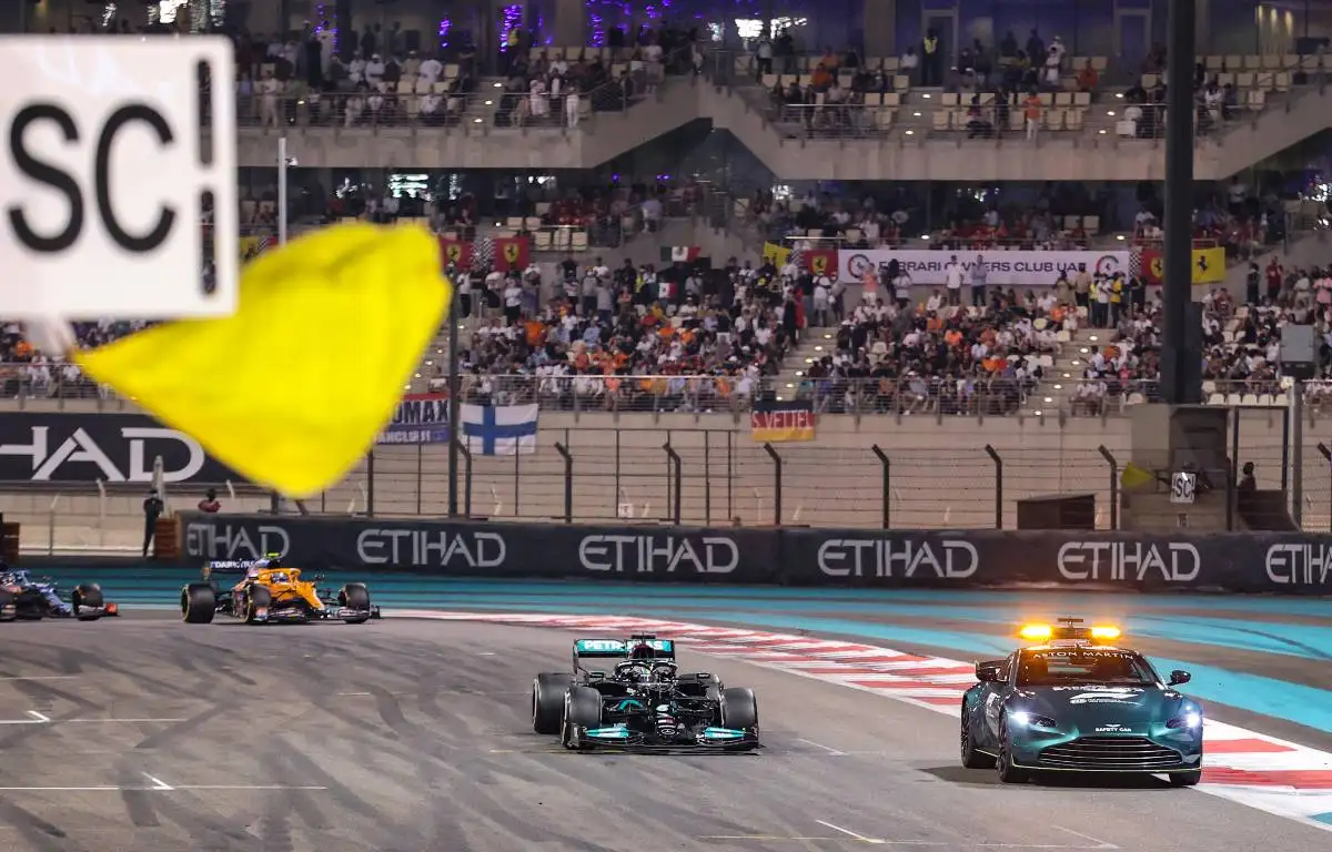 Lewis Hamilton behind the Safety Car during the Abu Dhabi GP. Yas Marina December 2021.