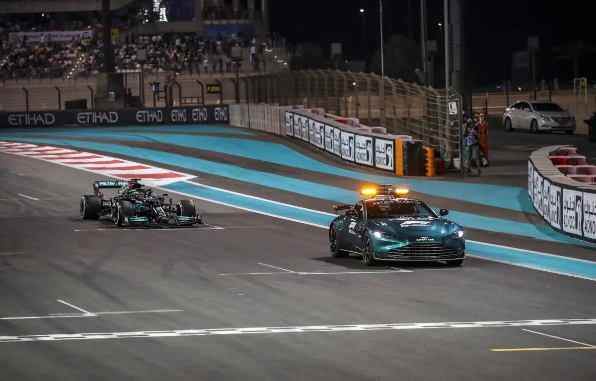 Lewis Hamilton behind the FIA Safety Car. Abu Dhabi December 2021