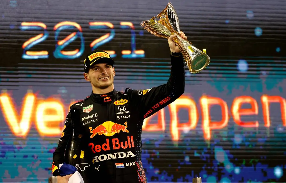Max Verstappen after winning the Abu Dhabi GP. Yas Marina December 2021.