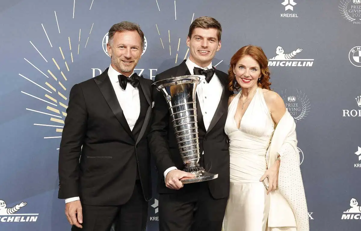 Christian Horner, Max Verstappen and Geri Horner. FIA Prize Giving Paris December 2021.