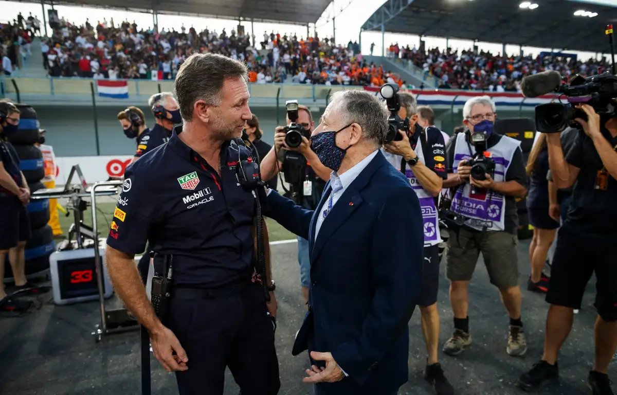 Christian Horner and Jean Todt in discussion. Abu Dhabi December 2021