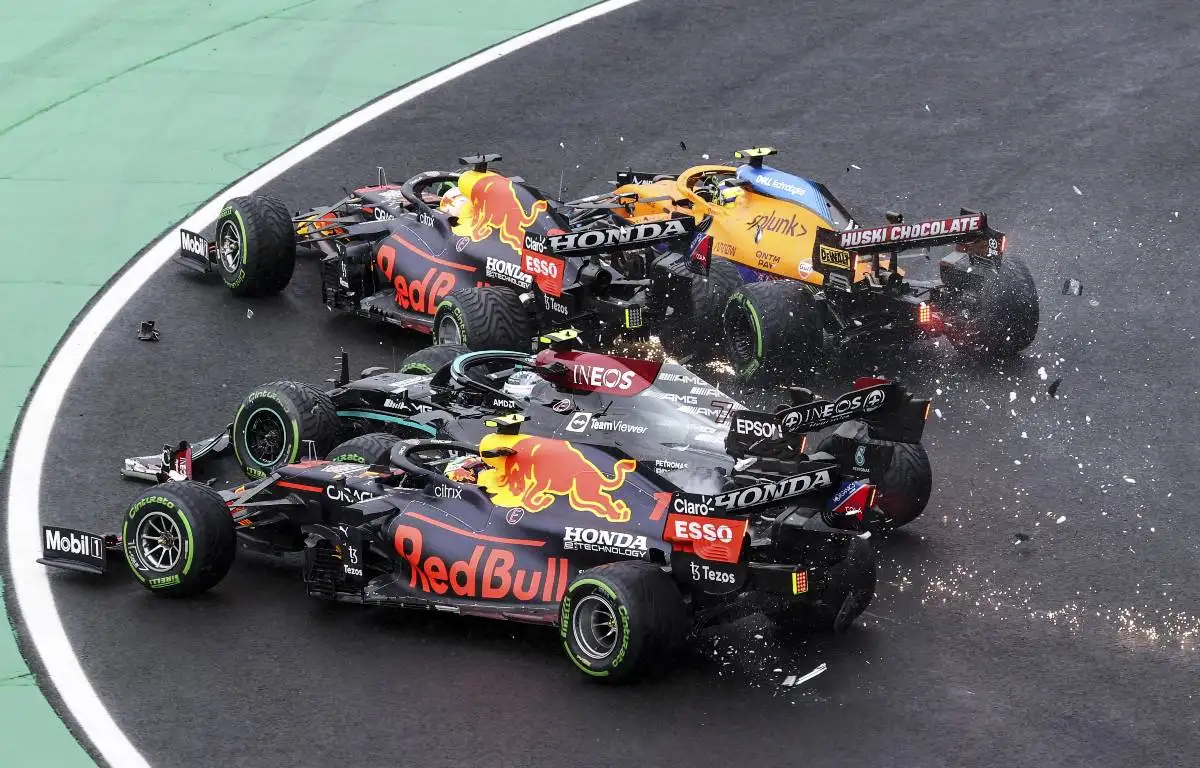 Cars collide at Turn 1 of the Hungarian GP. Budapest August 2021.
