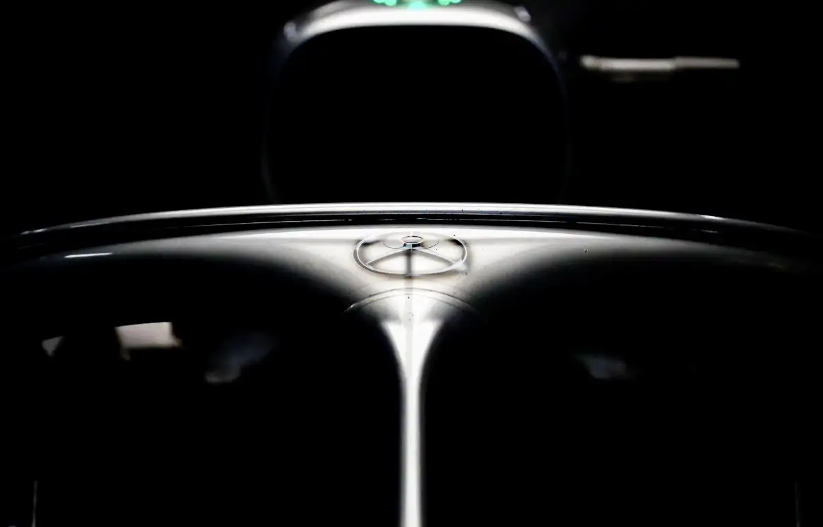The Mercedes logo on its F1 car's halo. Russia, September 2019.