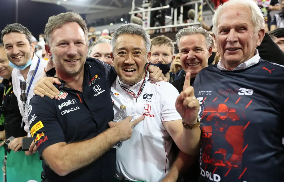 Christian Horner, Masashi Yamamoto and Helmut Marko celebrating. Abu Dhabi December 2021