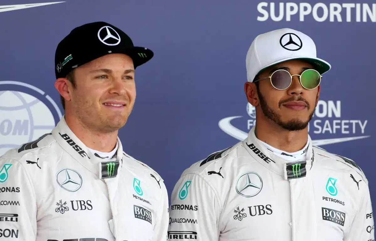 Mercedes' Lewis Hamilton and Nico Rosberg together. Mexico, October 2016.
