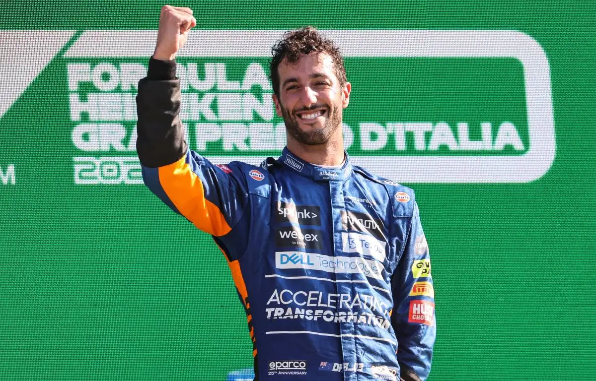 Daniel Ricciardo on the podium after winning the Italian GP. Monza September 2021.