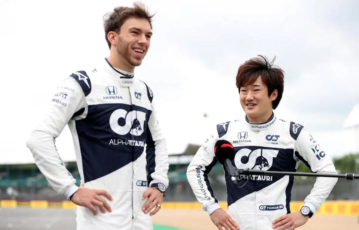 Pierre Gasly and Yuki Tsunoda are interviewed. Silverstone July 2021.