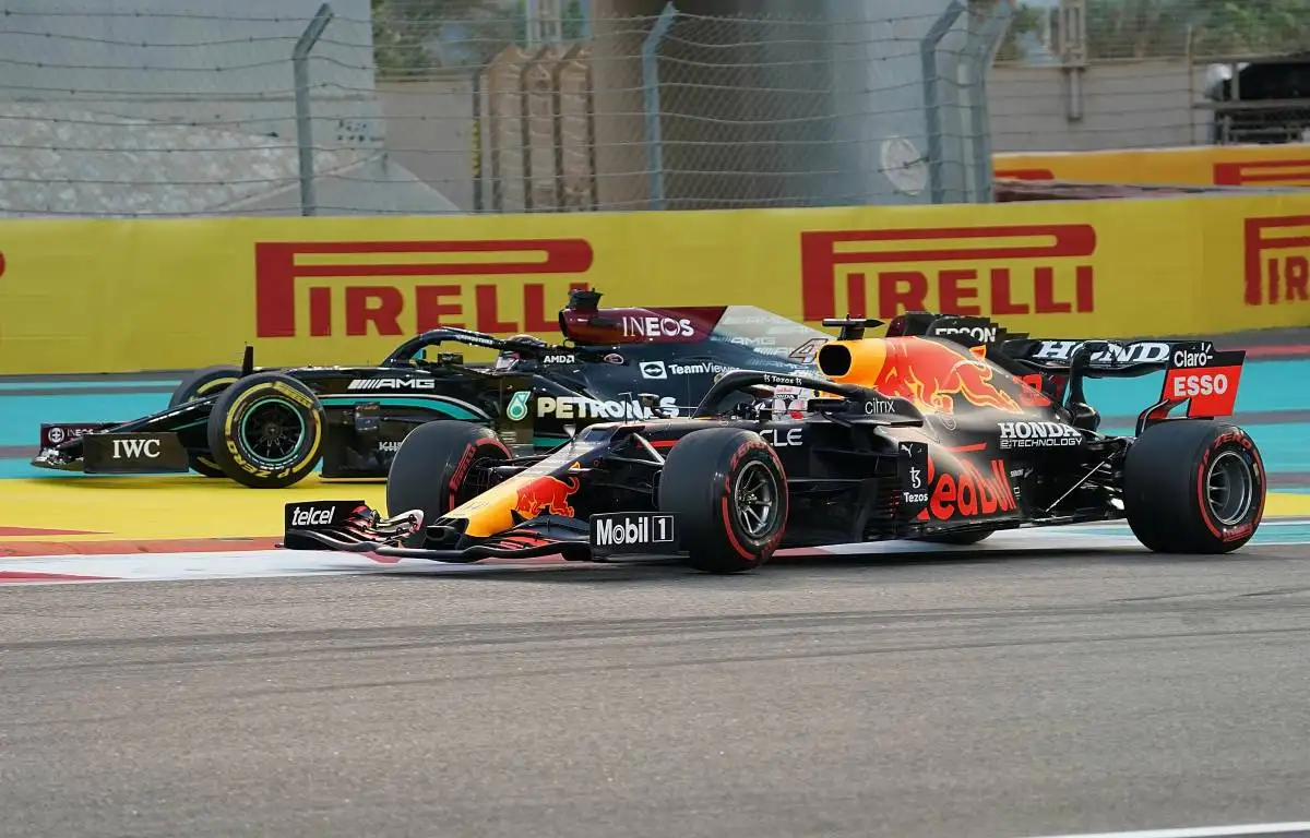Lewis Hamilton off-track battling Max Verstappen. Abu Dhabi, December 2021.