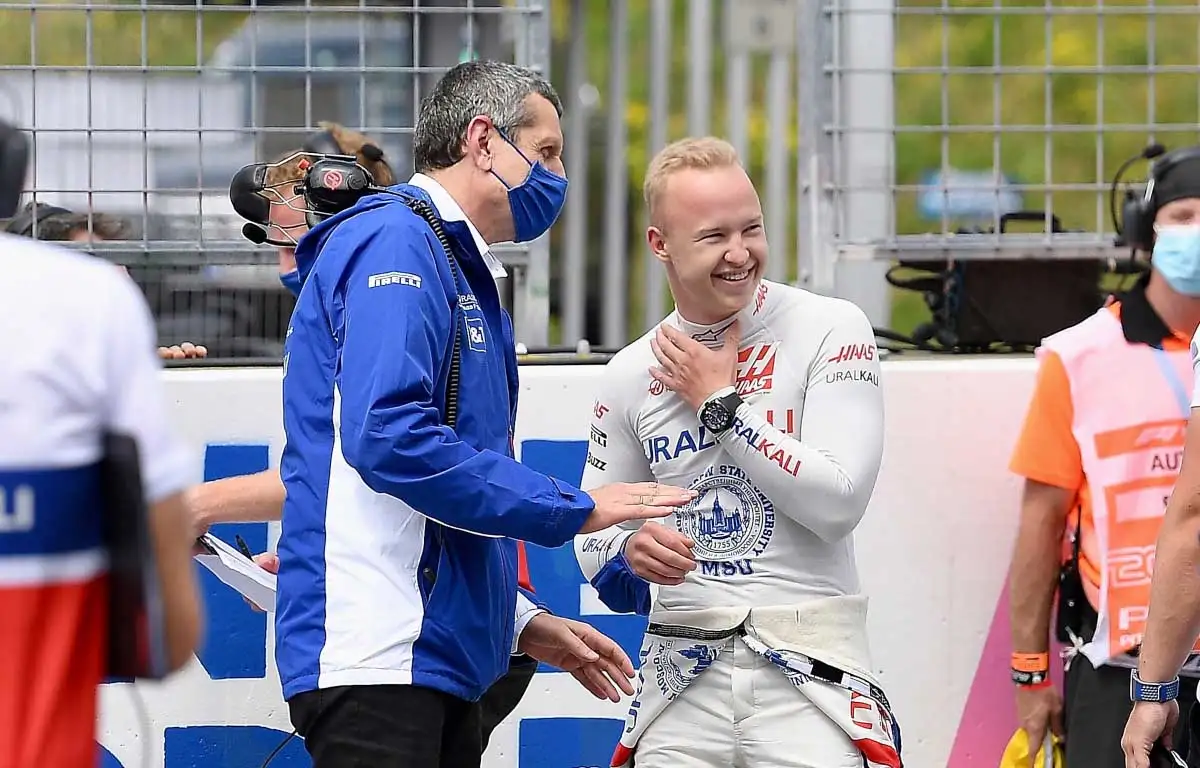 Guenther Steiner and Nikita Mazepin laugh. Austria July 2021.