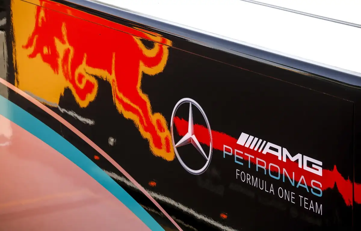 Red Bull reflection on the Mercedes truck. Italy, September 2021.