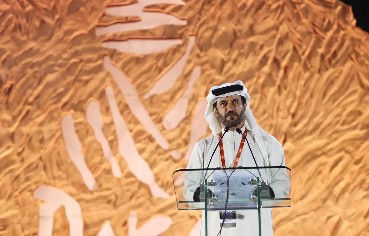 FIA president Mohammed Ben Sulayem speaks. Saudi Arabia, January 2022.