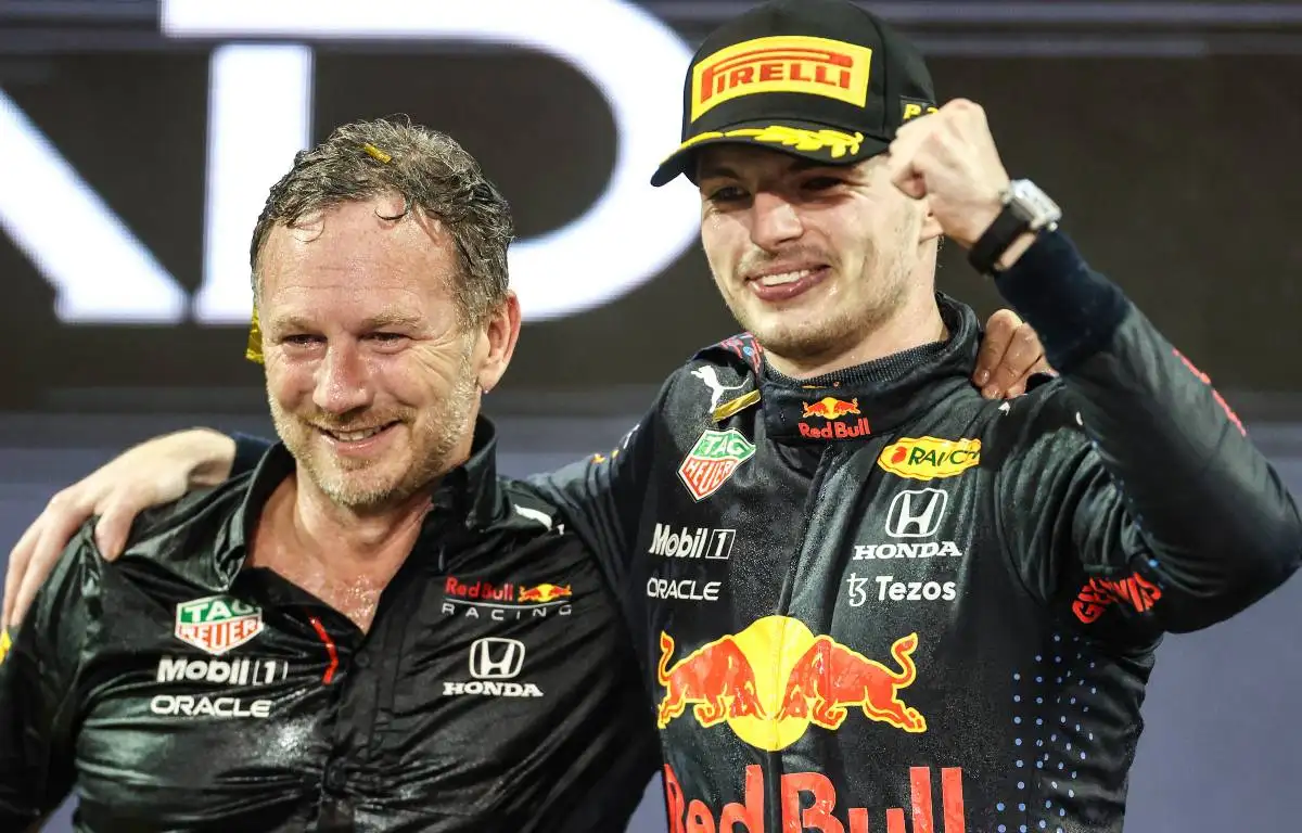 Christian Horner and Max Verstappen after the Abu Dhabi GP. Yas Marina December 2021.