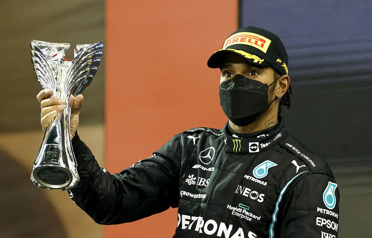Lewis Hamilton on the podium in Abu Dhabi. Yas Marina December 2021