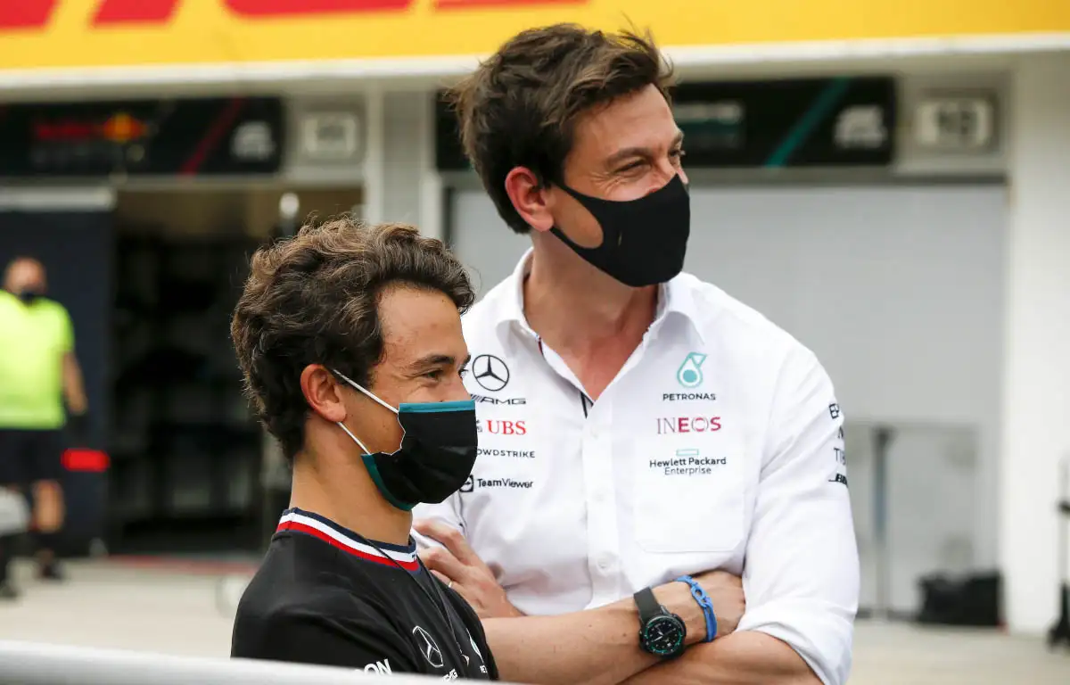 Nyck de Vries speaks to Mercedes boss Toto Wolff. Hungary August 2021.