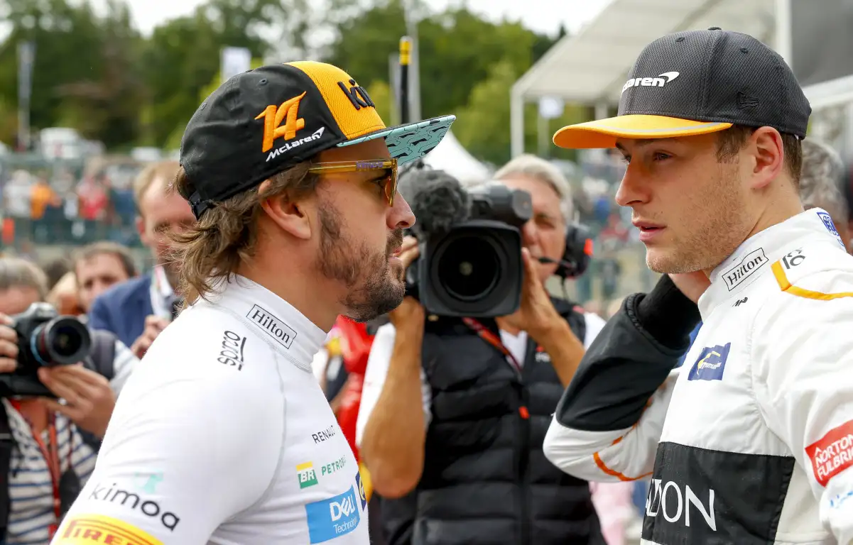 Stoffel Vandoorne speaks with Fernando Alonso. Belgium August 2018