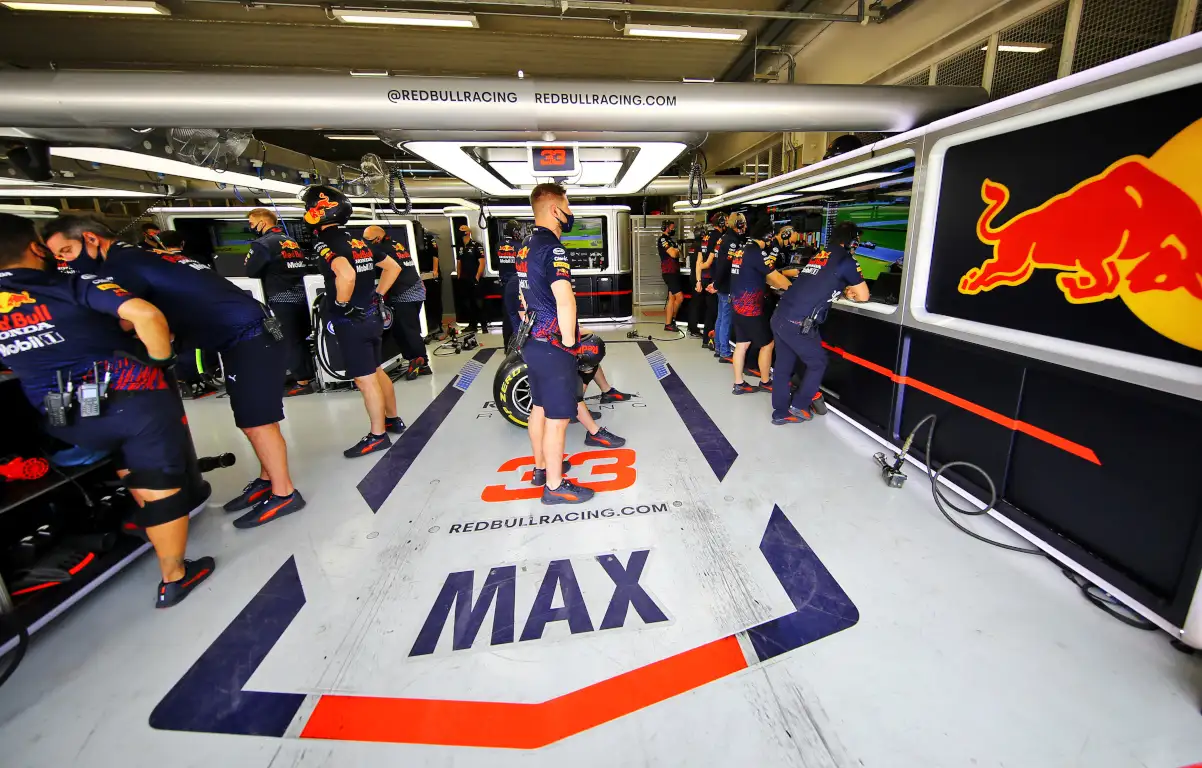 The Red Bull garage of Max Verstappen while the driver is out on the track. Brazil November 2021