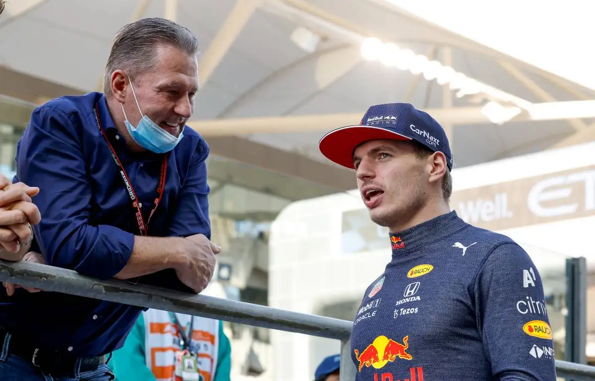 Max Verstappen talking to Jos at the Abu Dhabi GP. Yas Marina December 2021.