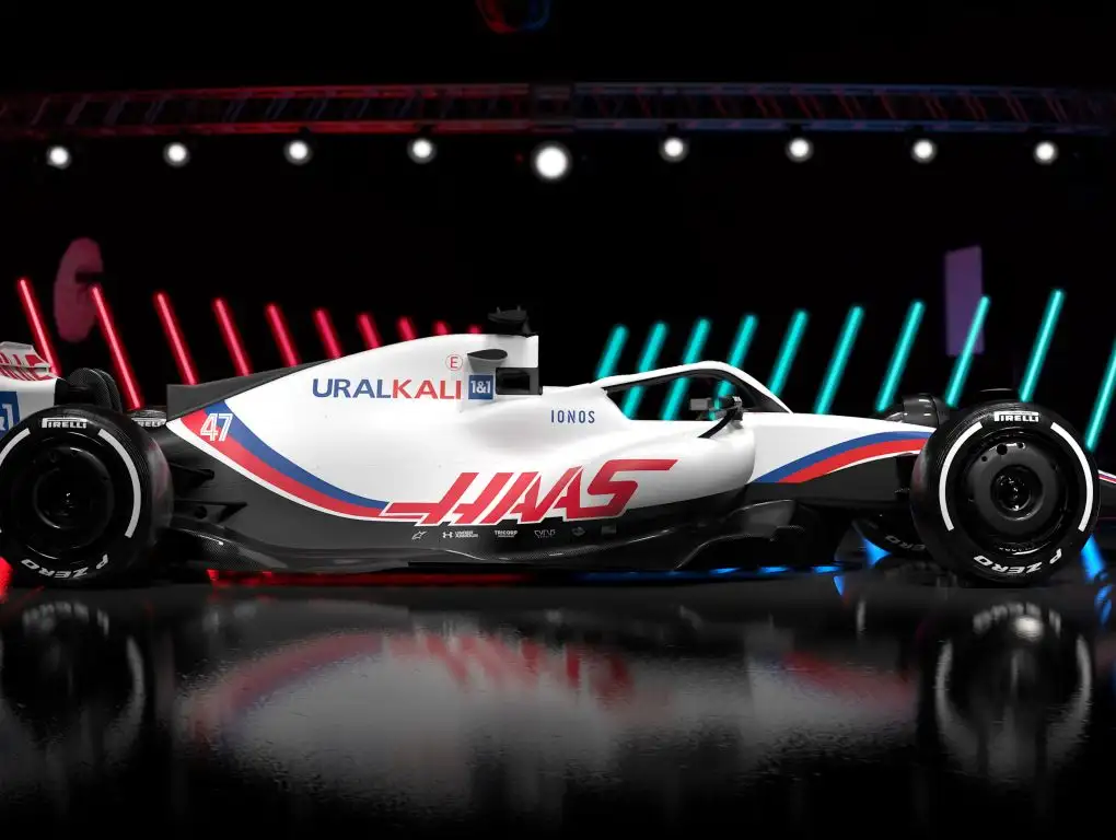A side-on shot of the Haas 2022 livery. February 2022.