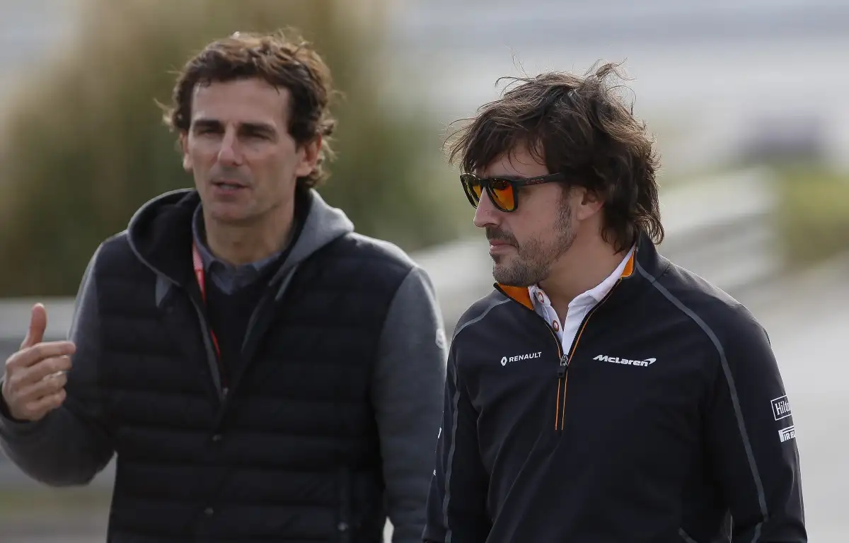 Pedro de la Rosa and Fernando Alonso talk. Spain. March 2018.