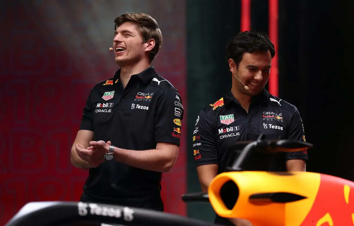 Max Verstappen and Sergio Perez at the Red Bull RB18 car launch. February 2022.