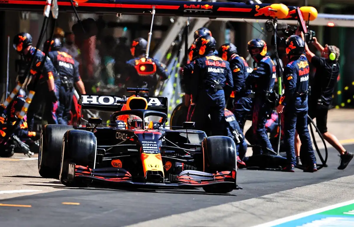 Max Verstappen leaving the Red Bull pit box. Portimao May 2021.