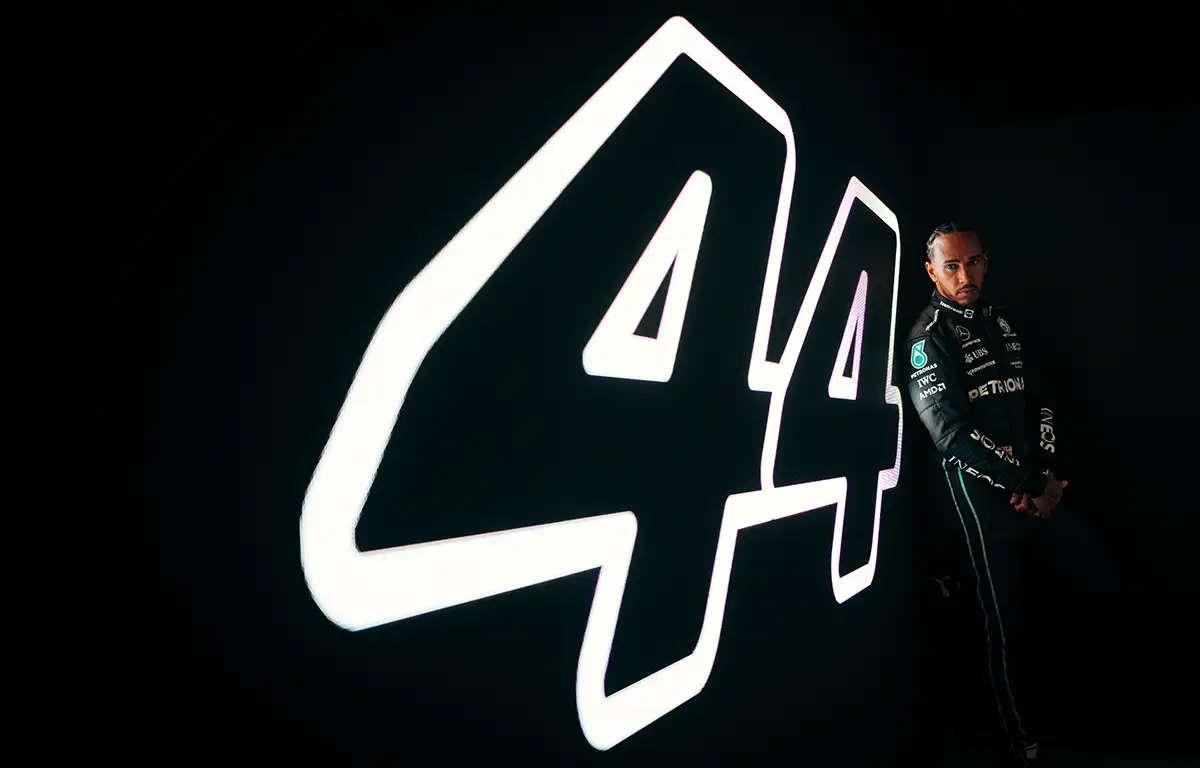 Lewis Hamilton poses with his 44 number. February 2022