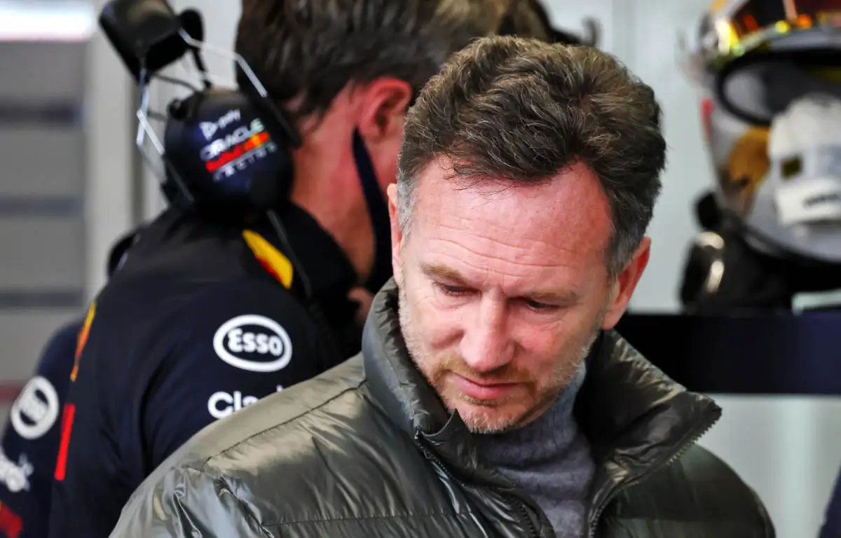 Christian Horner has his head down. Barcelona February 2022.