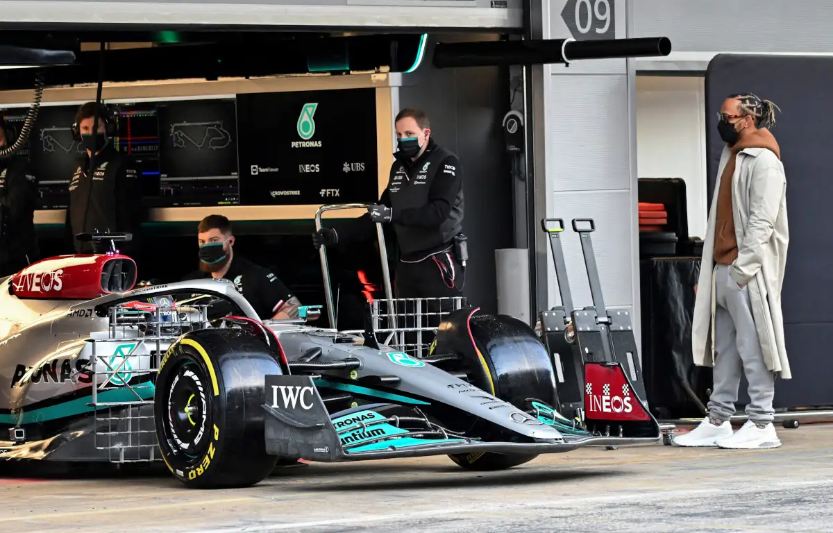 Lewis Hamilton watching George Russell in testing. Barcelona February 2022