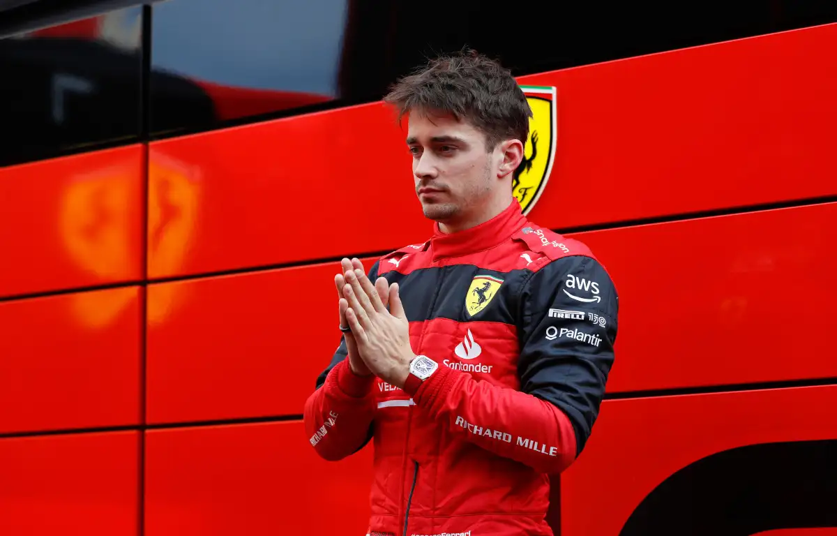 Charles Leclerc with his hands together in testing. Barcelona February 2022