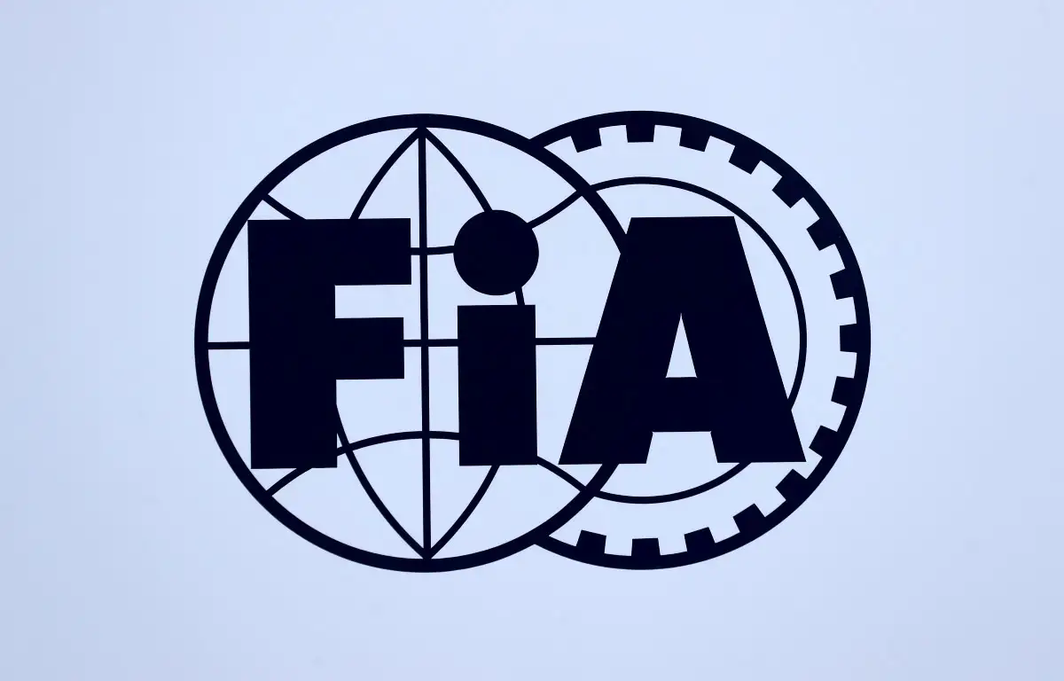The FIA logo on a motorhome. Barcelona February 2022.