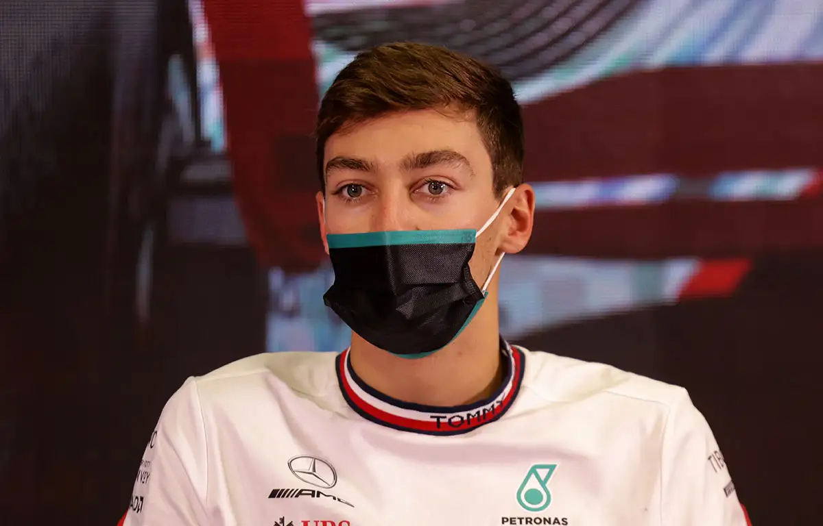 George Russell answers questions in a pre-season Testing press conference. Barcelona February 2022
