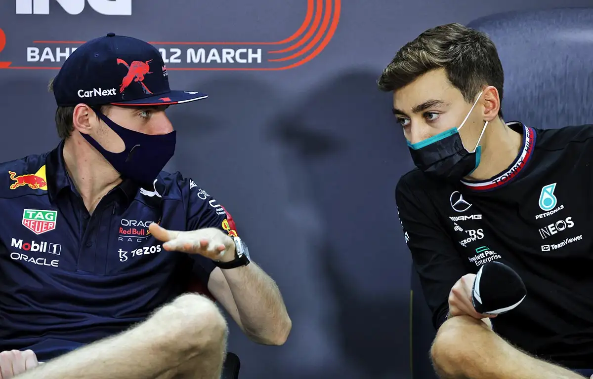 Max Verstappen and George Russell in discussion. Bahrain March 2022