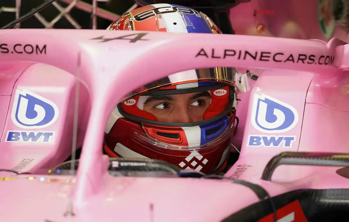 Esteban Ocon in the pink livery Alpine in testing. Bahrain March 2022