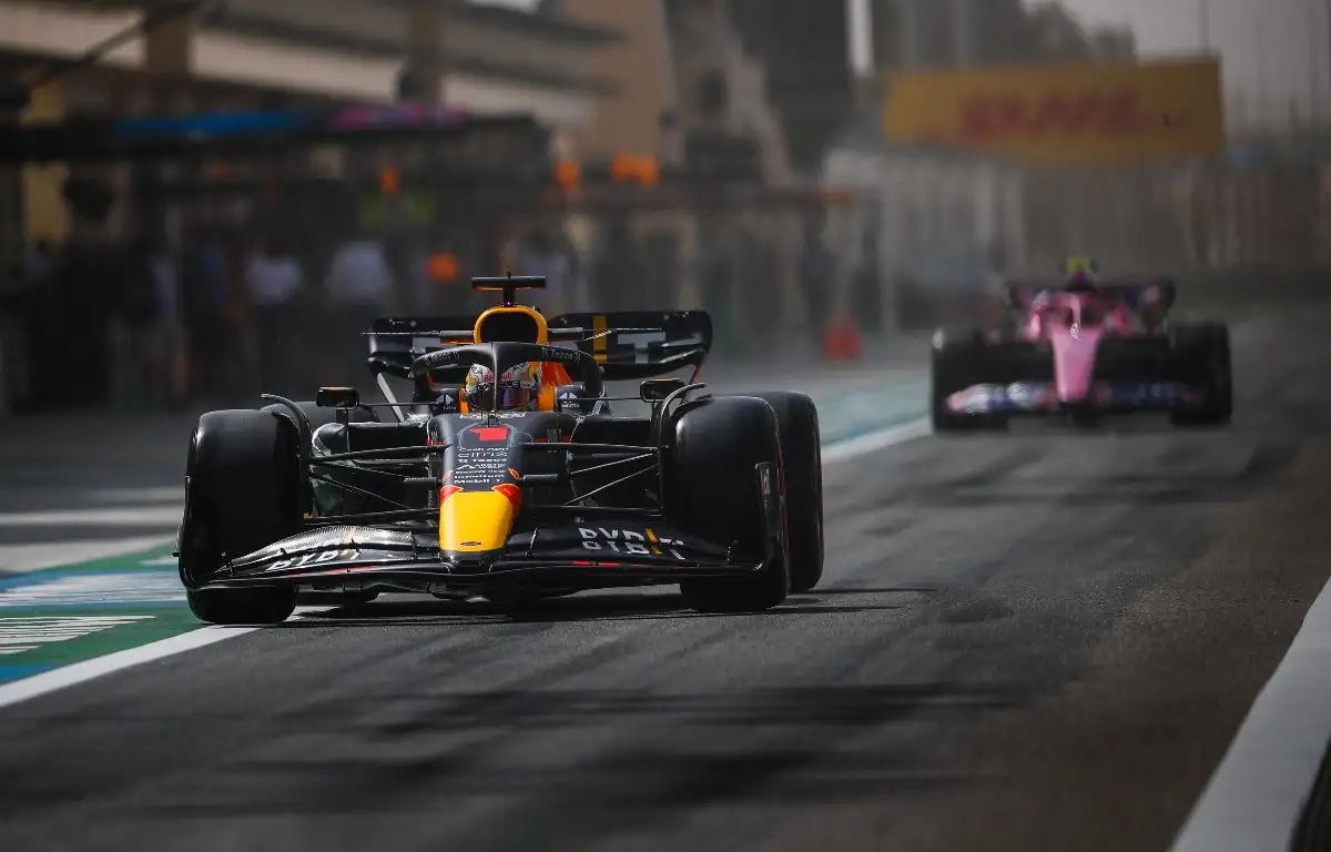 Max Verstappen, Red Bull, exits the pit lane. Bahrain, March 2022.