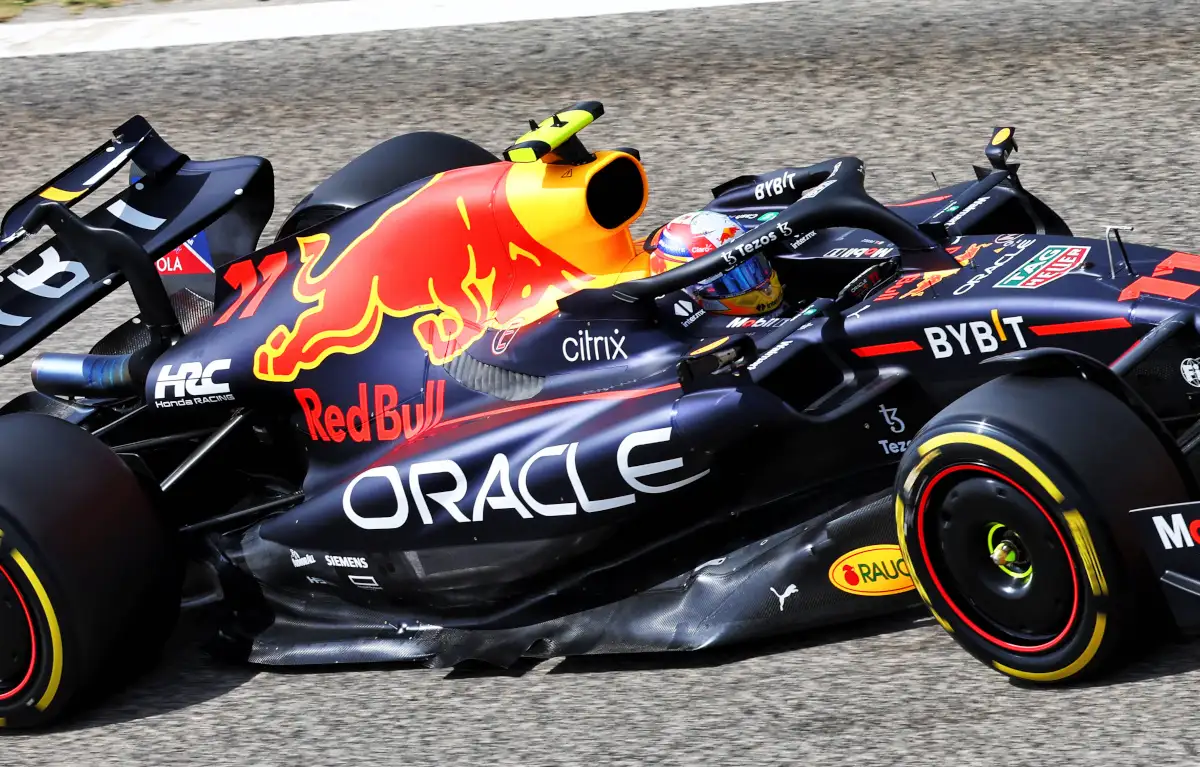 Sergio Perez in the revised RB18 with the sculptured sidepods in testing. Bahrain March 2022