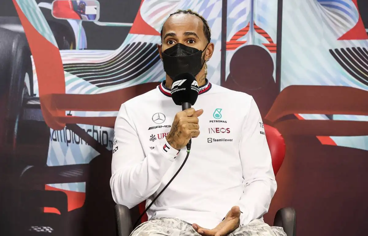 Lewis Hamilton at a press conference during pre-season testing. Bahrain March 2022.